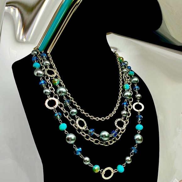 ?? Jewelry - Multi Strand w/Faceted Silver/Blue & Aqua Beading